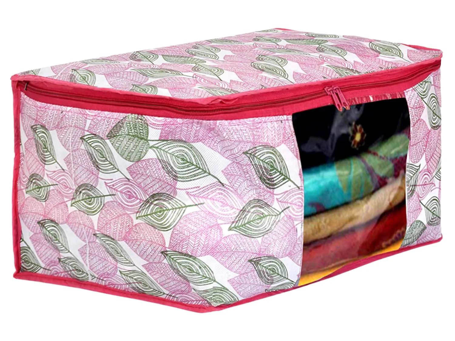 Kuber Industries Leaf Design Non-woven Foldable Saree Cover/Clothes Storage Bag/Wardrobe Organizer With Transparent Window- Pack of 9 (Pink)-44KM0365