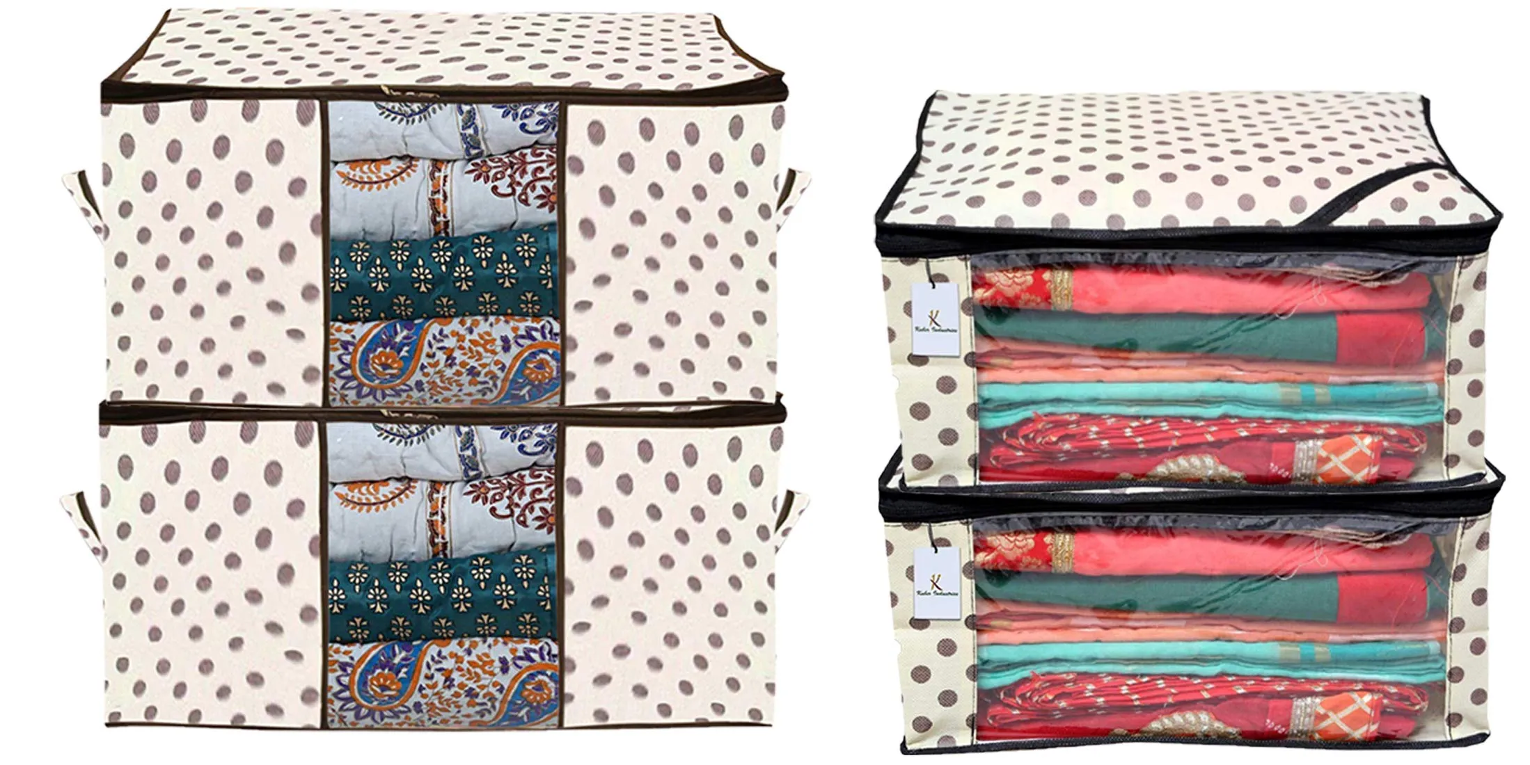 Kuber Industries Polka Dots Printed Non Woven 2 Pieces Saree Cover and 2 Pieces Underbed Storage Bag, Cloth Organizer for Storage, Blanket Cover Combo Set (Ivory) -CTKTC038644