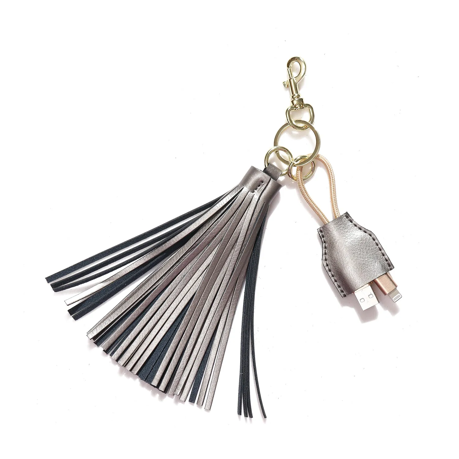 Leather Tassel Keychain with USB charging cable