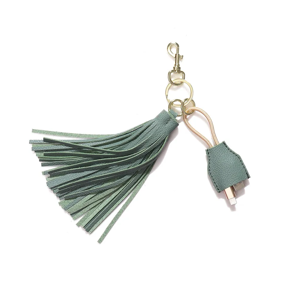 Leather Tassel Keychain with USB charging cable