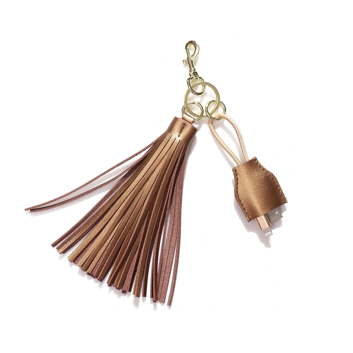 Leather Tassel Keychain with USB charging cable