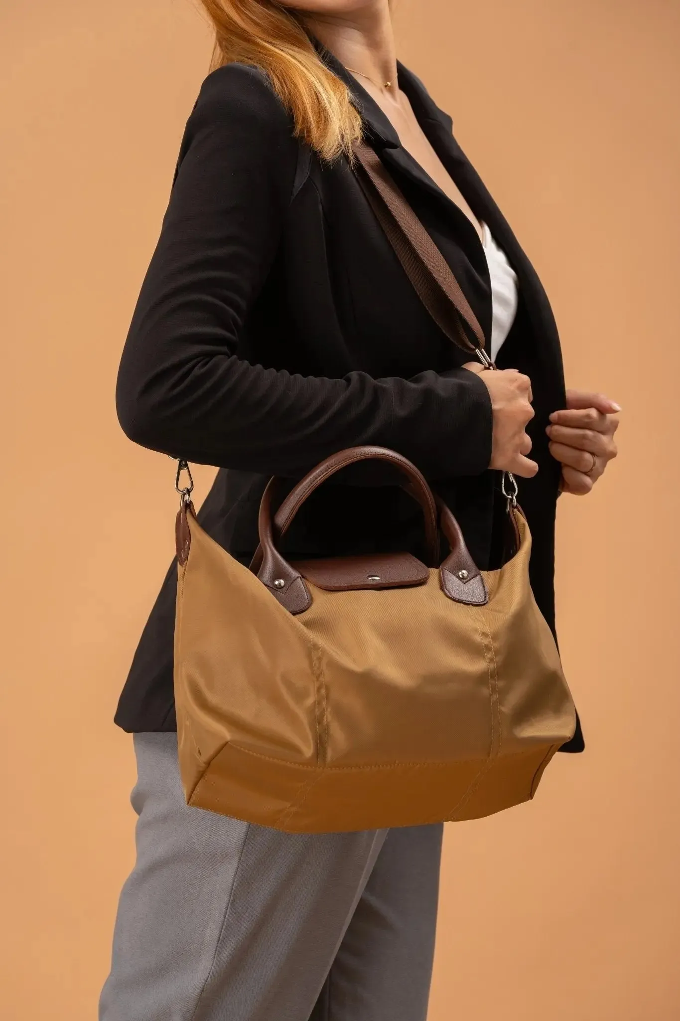 MARTHA Nylon Canvas Tote Bag in Coffee Brown