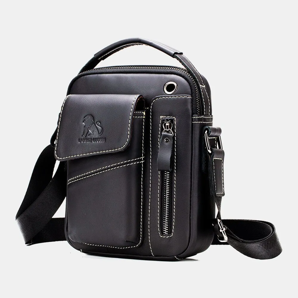 Men Genuine Leather Wear-resistant Headphone Hole Multi-pocket Vintage Crossbody Bag Shoulder