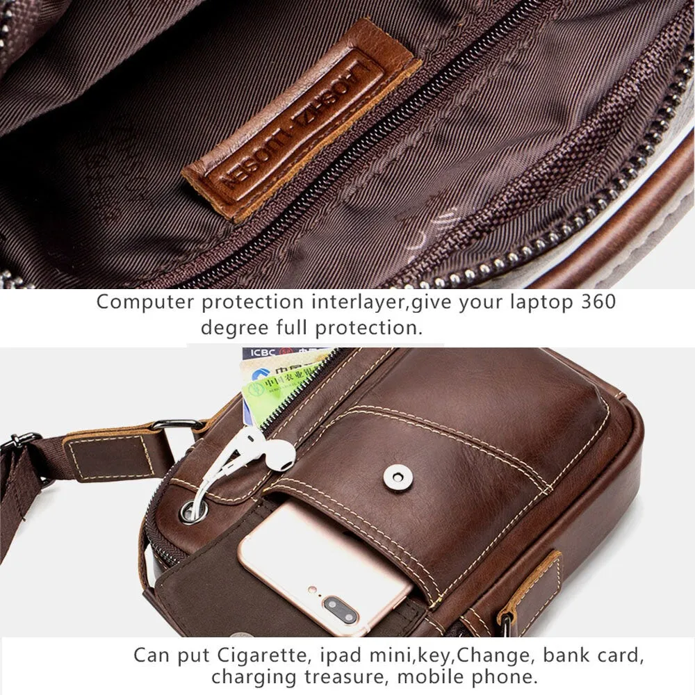 Men Genuine Leather Wear-resistant Headphone Hole Multi-pocket Vintage Crossbody Bag Shoulder