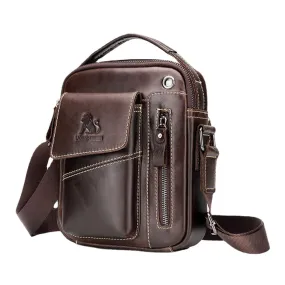 Men Genuine Leather Wear-resistant Headphone Hole Multi-pocket Vintage Crossbody Bag Shoulder