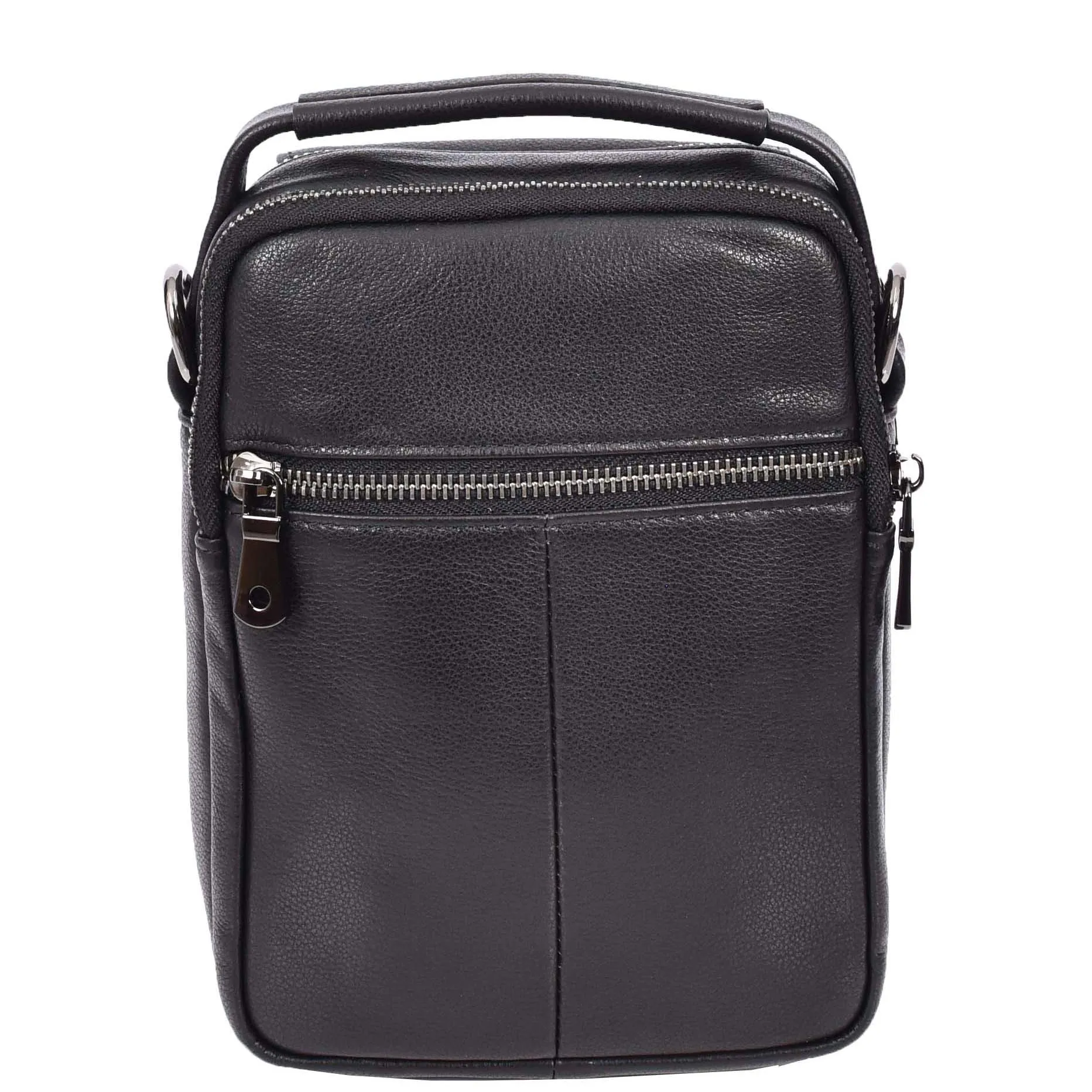 Mens Top Grain Black Leather Small Messenger Bag Multiple Pockets Casual Crossbody Organiser AD60