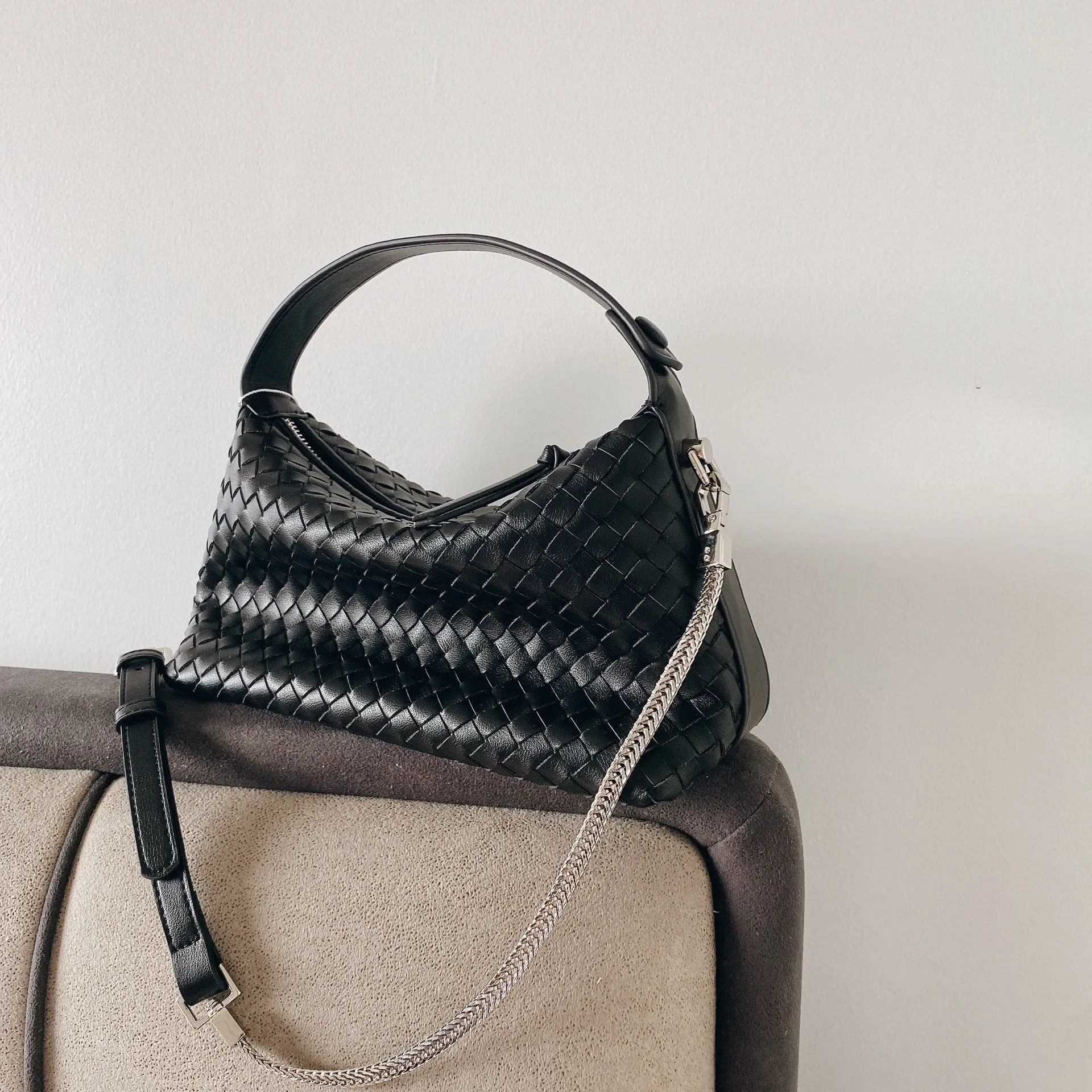 Mini Leather Woven Hobo Handle Bag