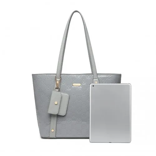 Miss Lulu 4-Piece Glossy Leather Tote Bag Set in Grey - Elegant & Versatile Handbag Collection