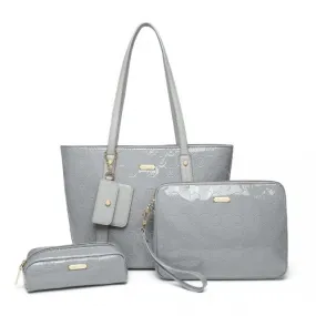 Miss Lulu 4-Piece Glossy Leather Tote Bag Set in Grey - Elegant & Versatile Handbag Collection