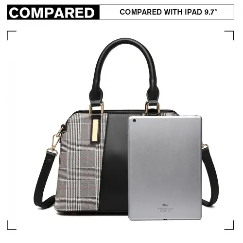 Miss Lulu Gingham Plaid Panel Shoulder Bag - Black | Stylish & Durable Handbag