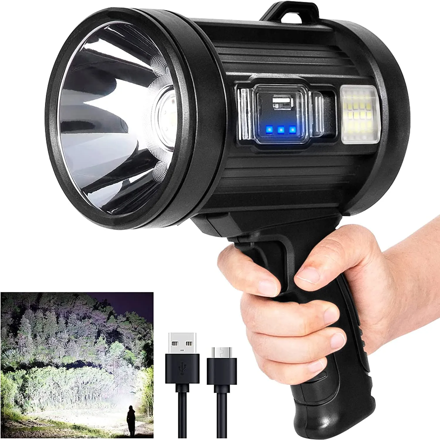 MIXILIN Rechargeable Spotlight, 900,000 Lumens Handheld Hunting Flashlight Led Spot Light with Cob Light and Solar Panels, Lightweight and Super Bright Spotlight for Hunting Boating Camping