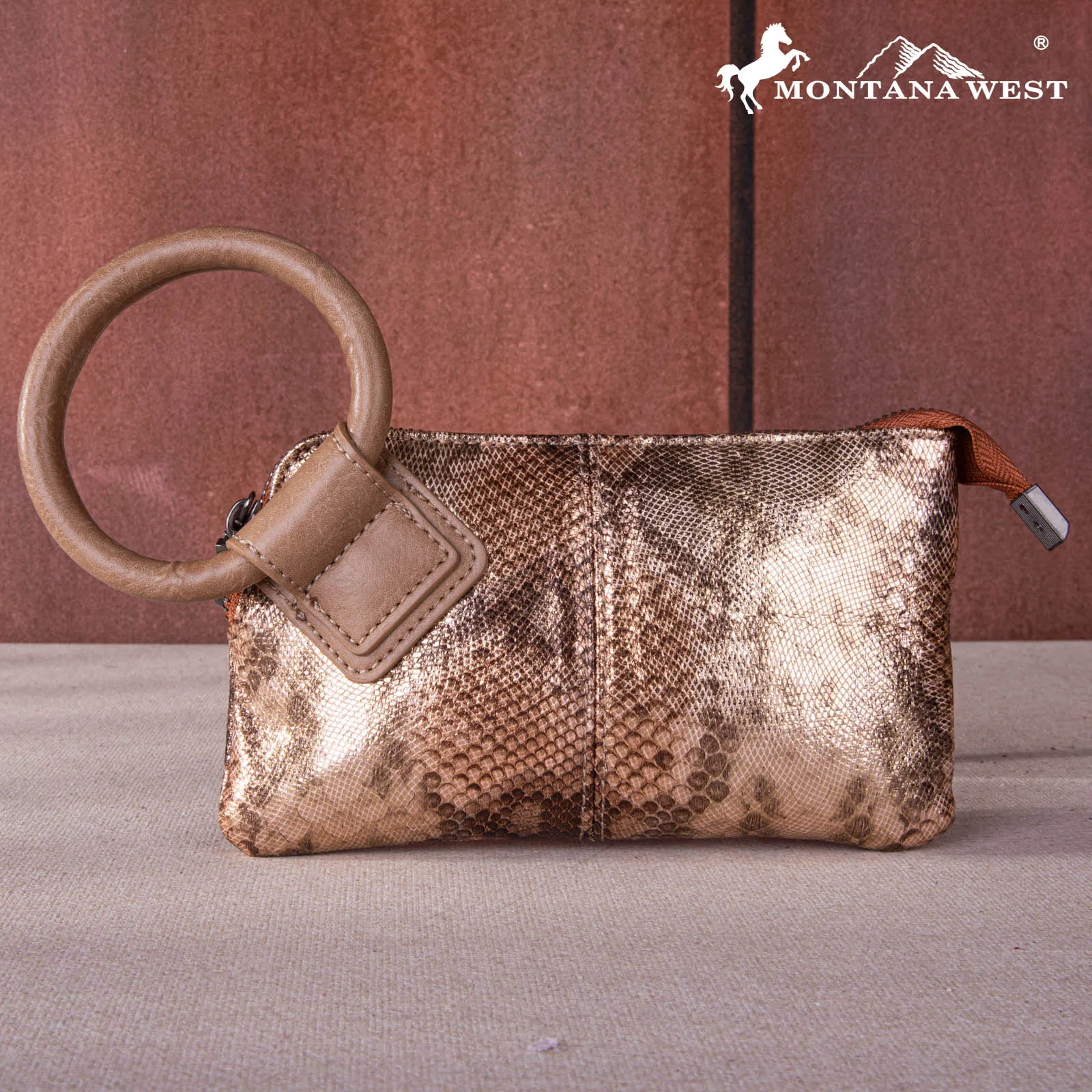 MW1260-181 Montana West Snake Print Ring Handle Wristlet Clutch Bag