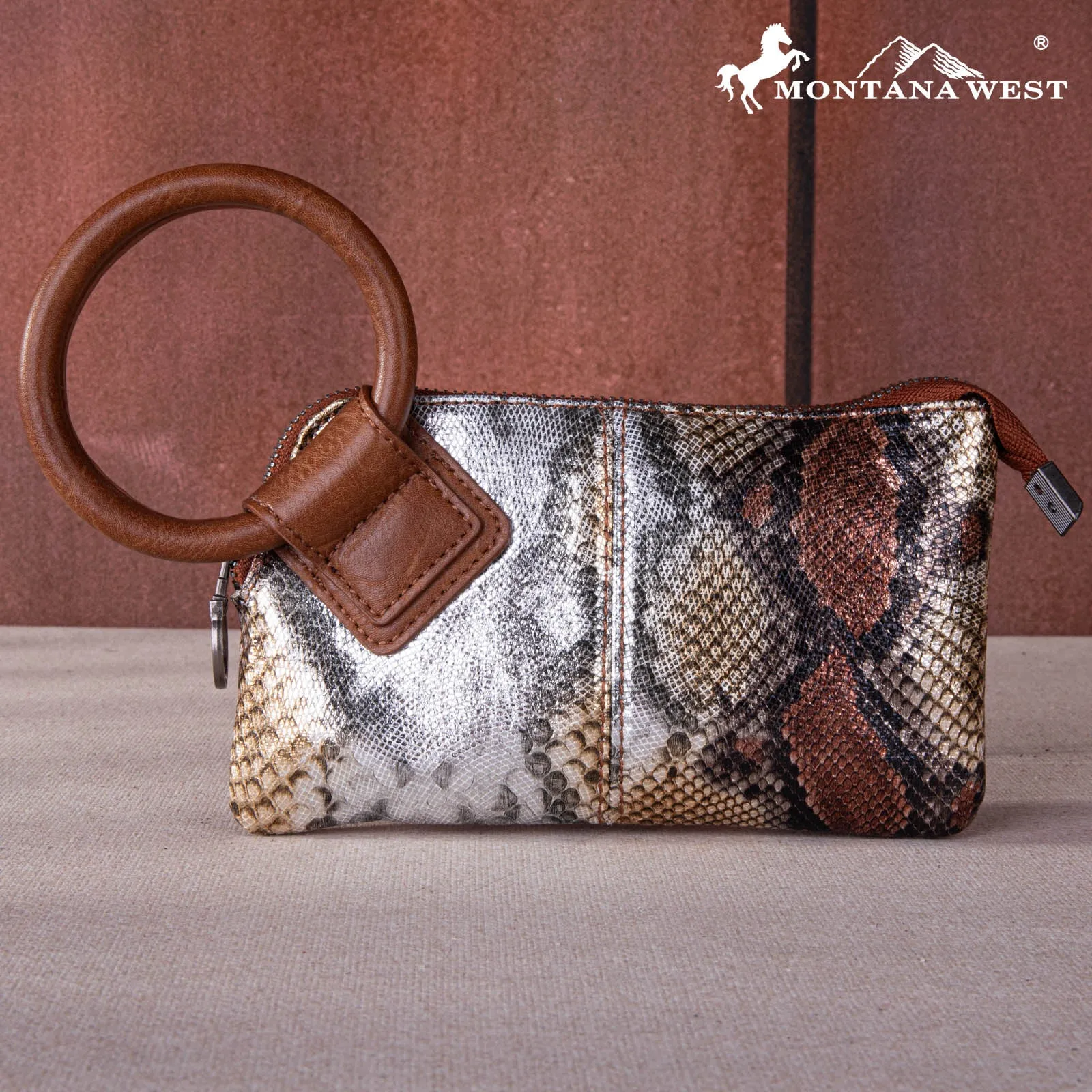 MW1260-181 Montana West Snake Print Ring Handle Wristlet Clutch Bag