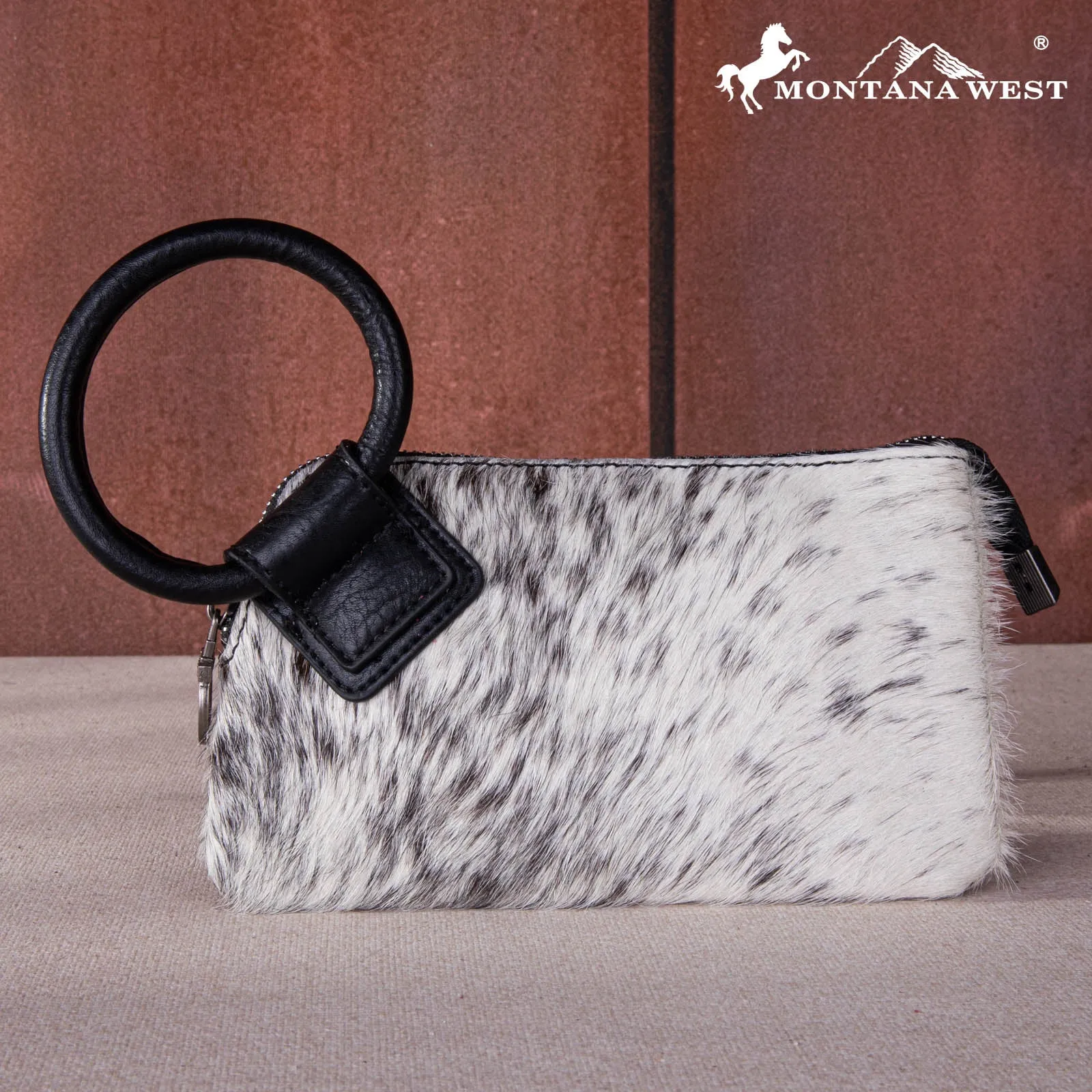 MW1260-A181 Montana West Genuine Hair-On Cowhide Ring Handle Wristlet Clutch Bag