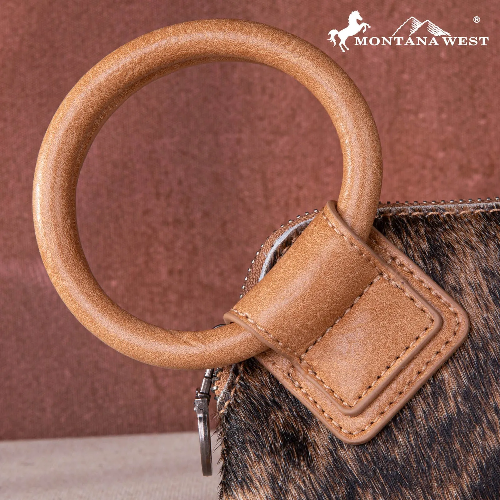 MW1260-A181 Montana West Genuine Hair-On Cowhide Ring Handle Wristlet Clutch Bag