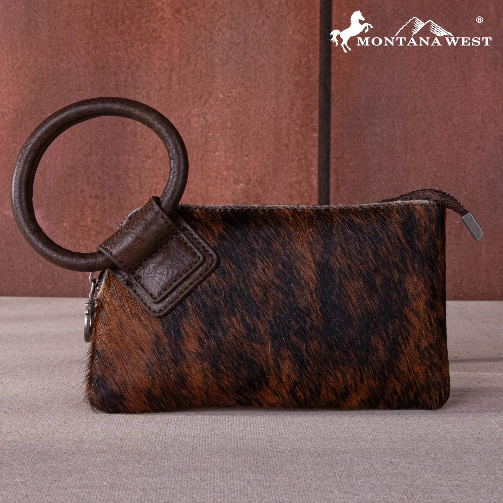 MW1260-A181 Montana West Genuine Hair-On Cowhide Ring Handle Wristlet Clutch Bag