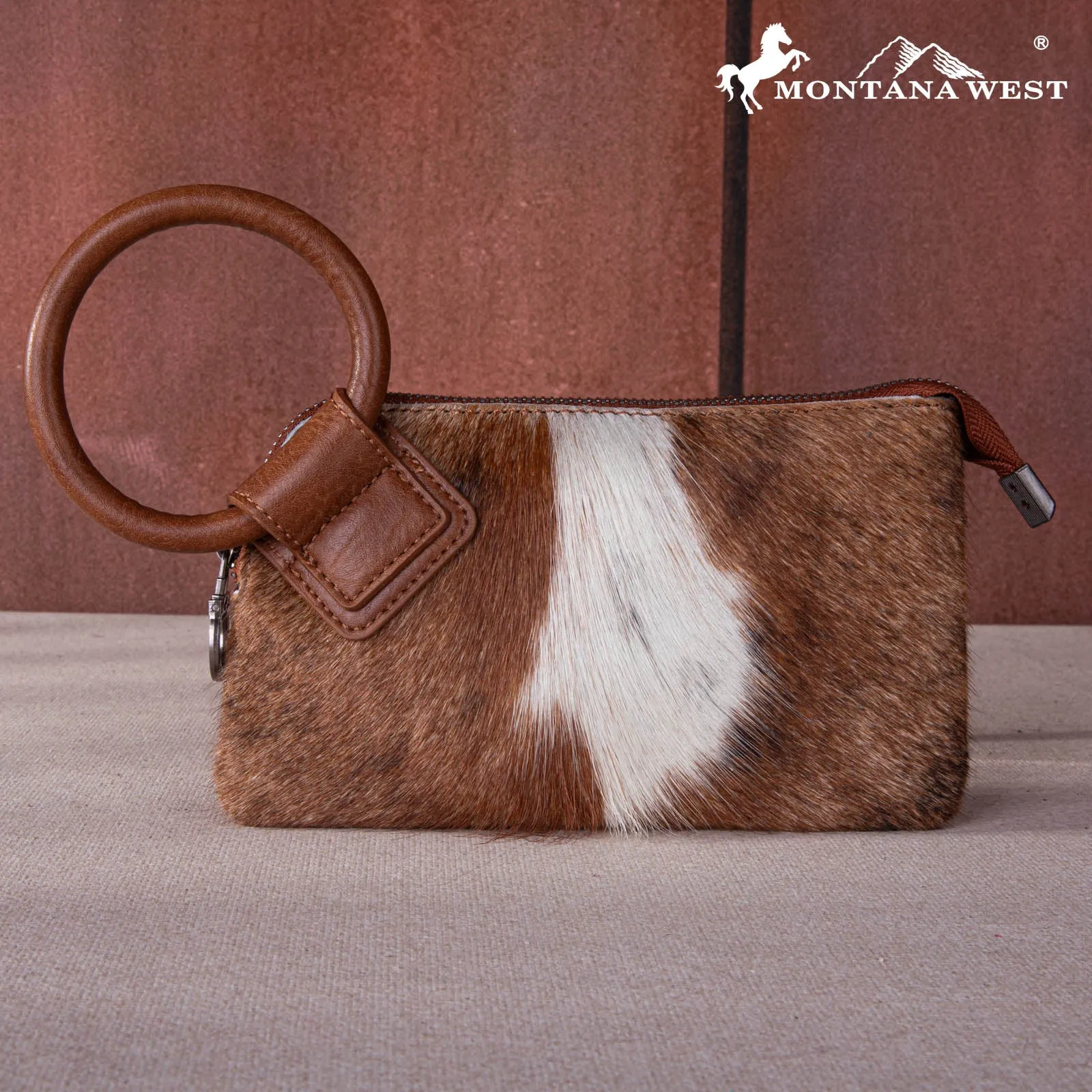 MW1260-A181 Montana West Genuine Hair-On Cowhide Ring Handle Wristlet Clutch Bag