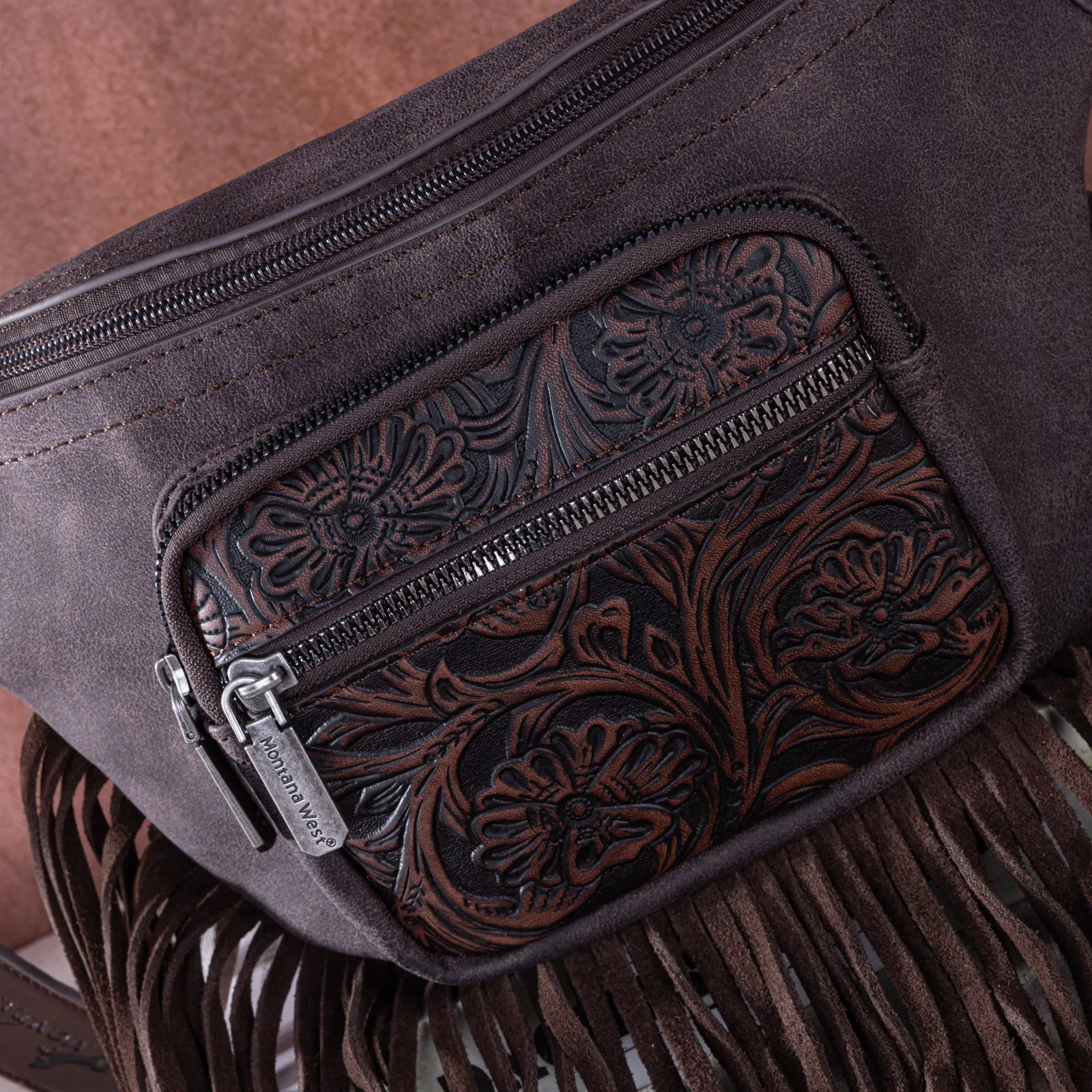 MW1276-194 Montana West Floral Tooled Fringe  Fanny Pack - Coffee