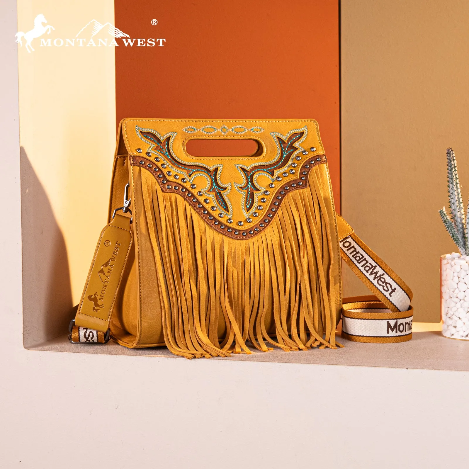 MW1281G-9360  Montana West Fringe Embroidered Concealed Carry Tote/Crossbody - Mustard