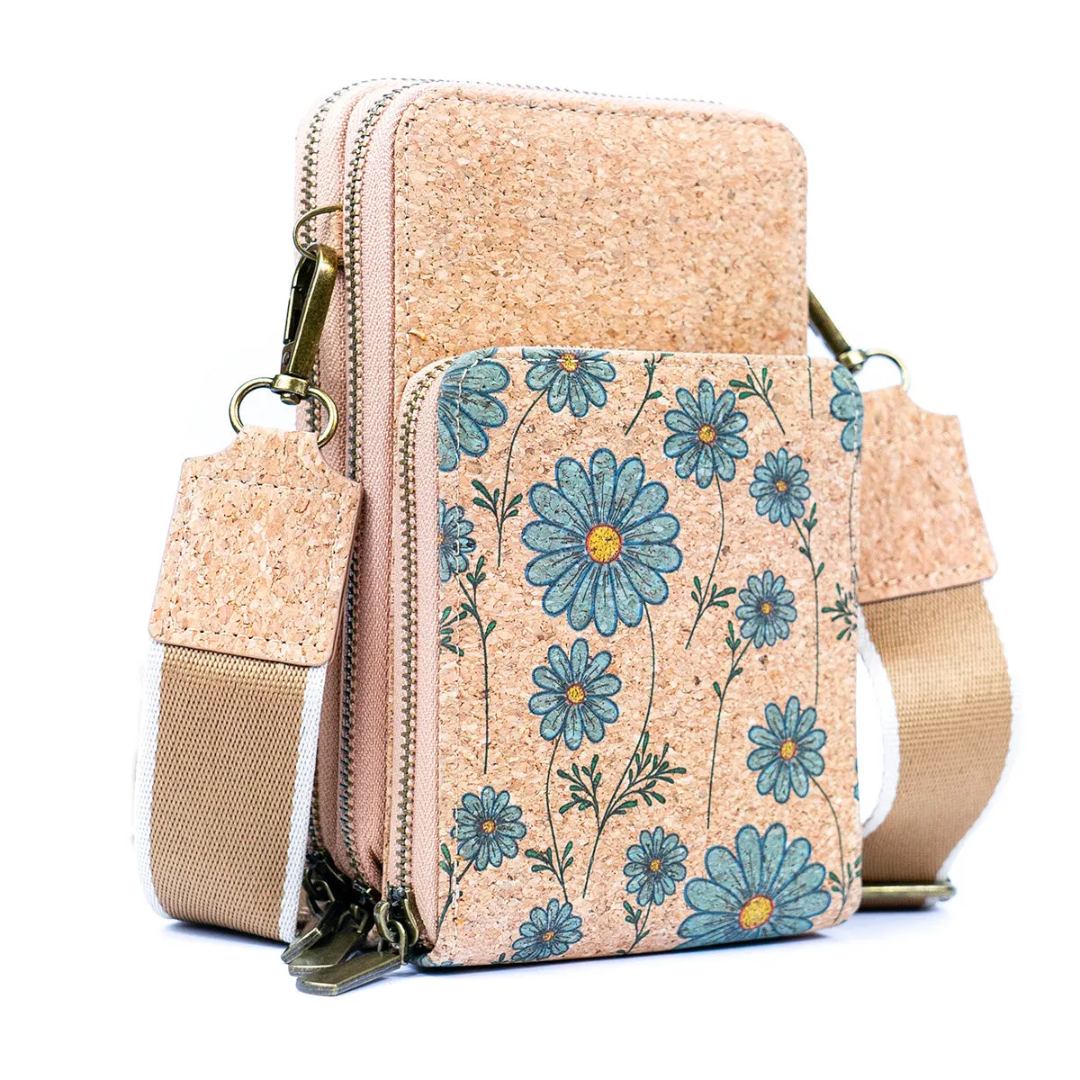 Natural Cork Women's Crossbody Phone Bag with Triple Zipper Design BAG-2311