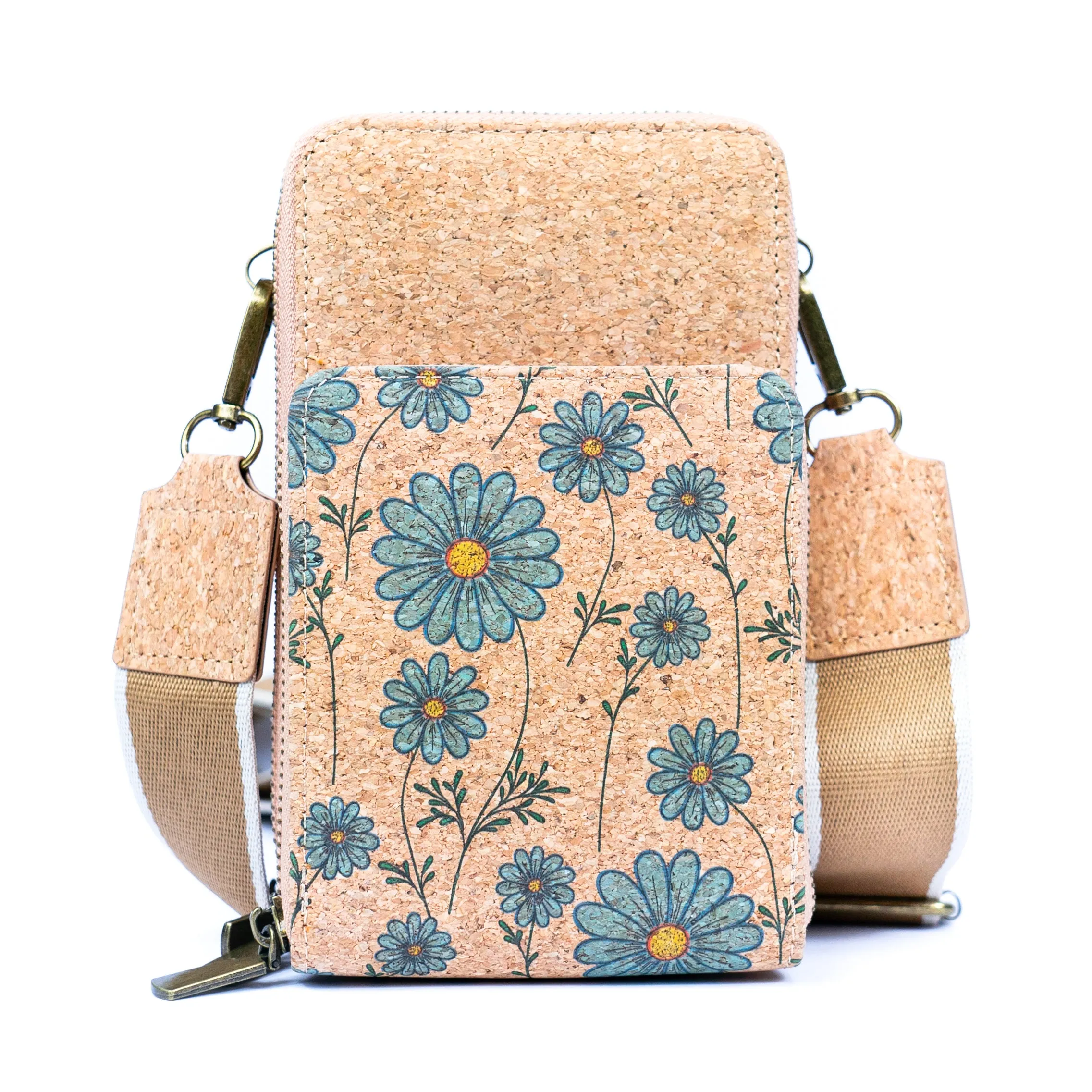 Natural Cork Women's Crossbody Phone Bag with Triple Zipper Design BAG-2311