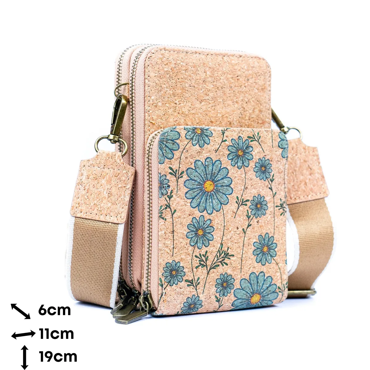 Natural Cork Women's Crossbody Phone Bag with Triple Zipper Design BAG-2311