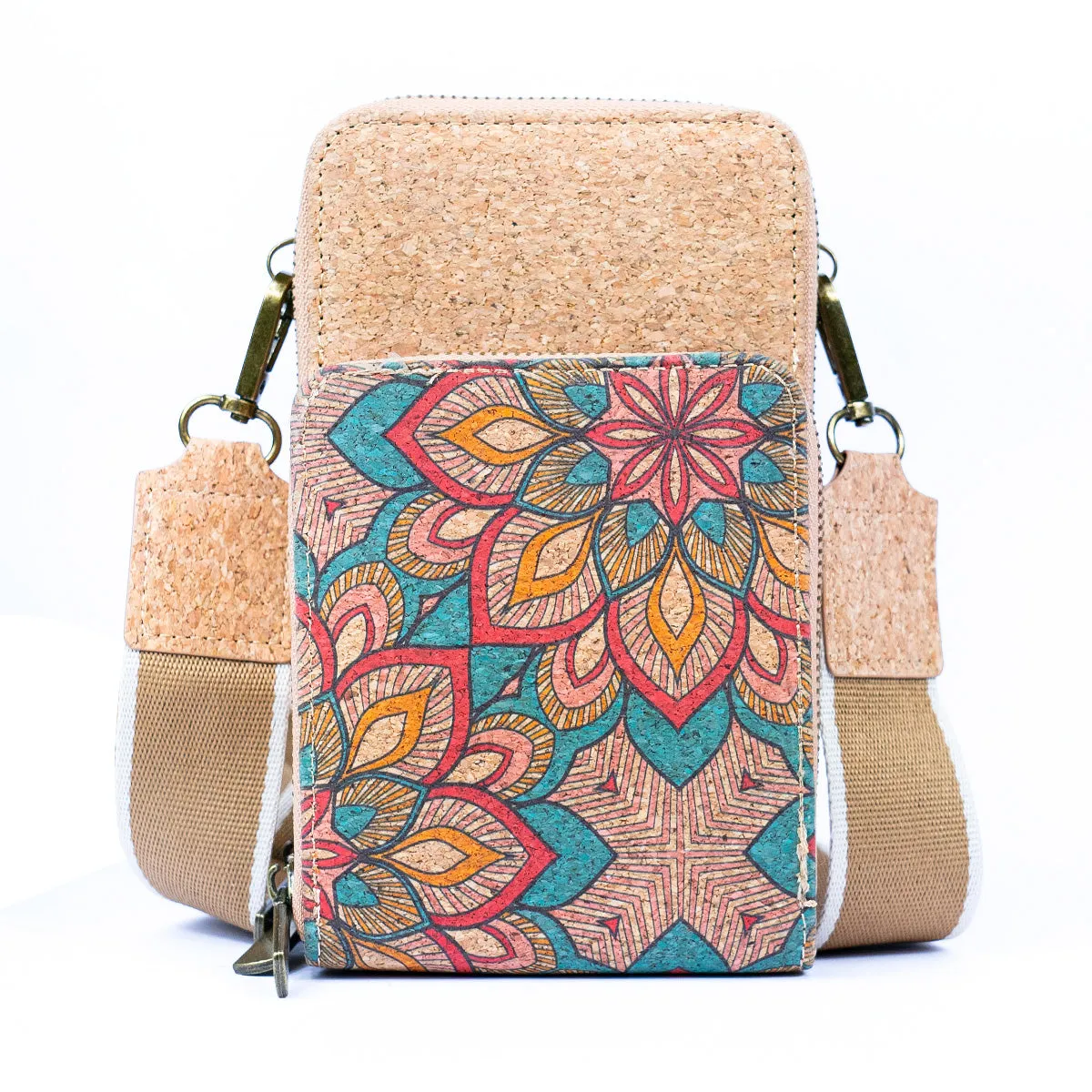 Natural Cork Women's Crossbody Phone Bag with Triple Zipper Design BAG-2311