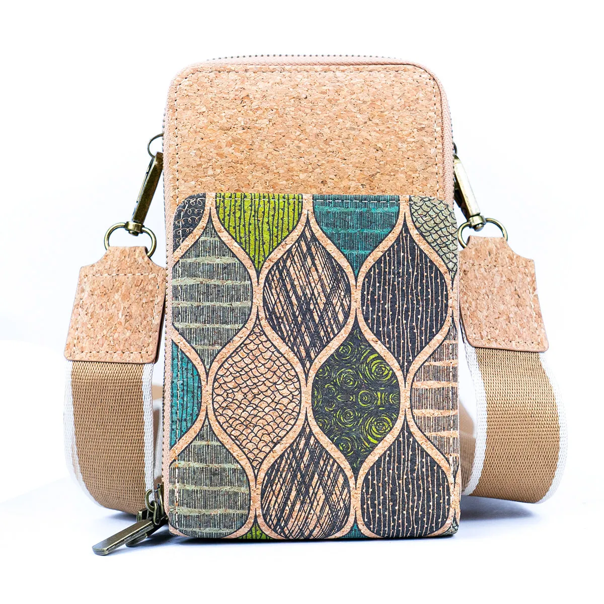 Natural Cork Women's Crossbody Phone Bag with Triple Zipper Design BAG-2311