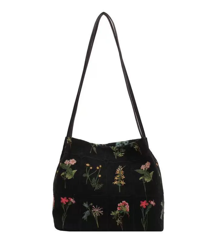 New Black Embroidered Large Capacity Canvas Shoulder Bag HJ1010