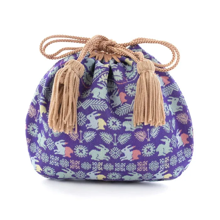 Nishijin-ori Small Drawstring Bag - Flower and Rabbit / Lapis Lazuli -,  Made in Kyoto, Japan,  Japanese traditional craft purse