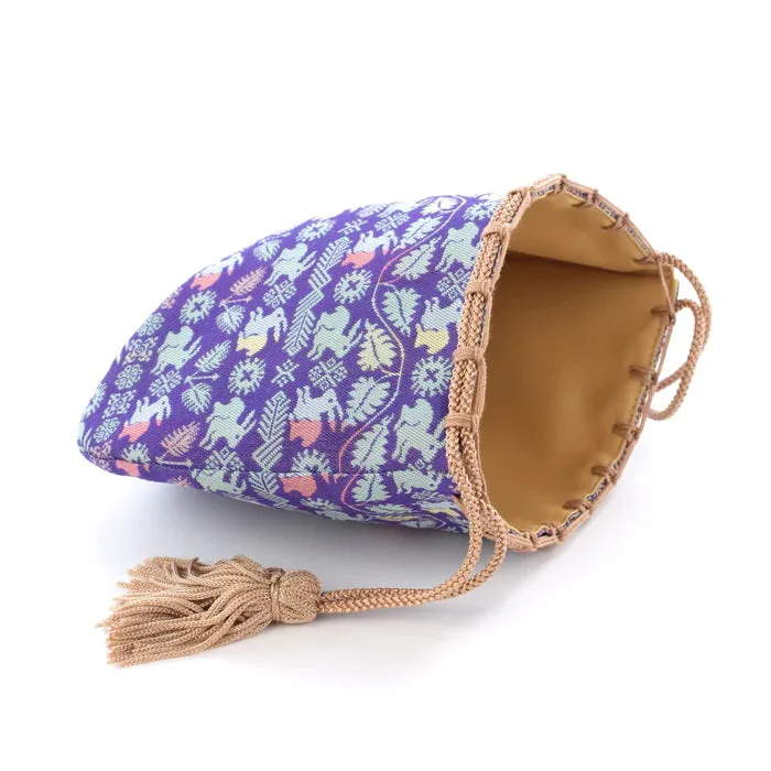 Nishijin-ori Small Drawstring Bag - Flower and Rabbit / Lapis Lazuli -,  Made in Kyoto, Japan,  Japanese traditional craft purse