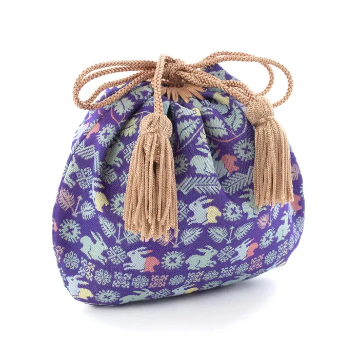 Nishijin-ori Small Drawstring Bag - Flower and Rabbit / Lapis Lazuli -,  Made in Kyoto, Japan,  Japanese traditional craft purse