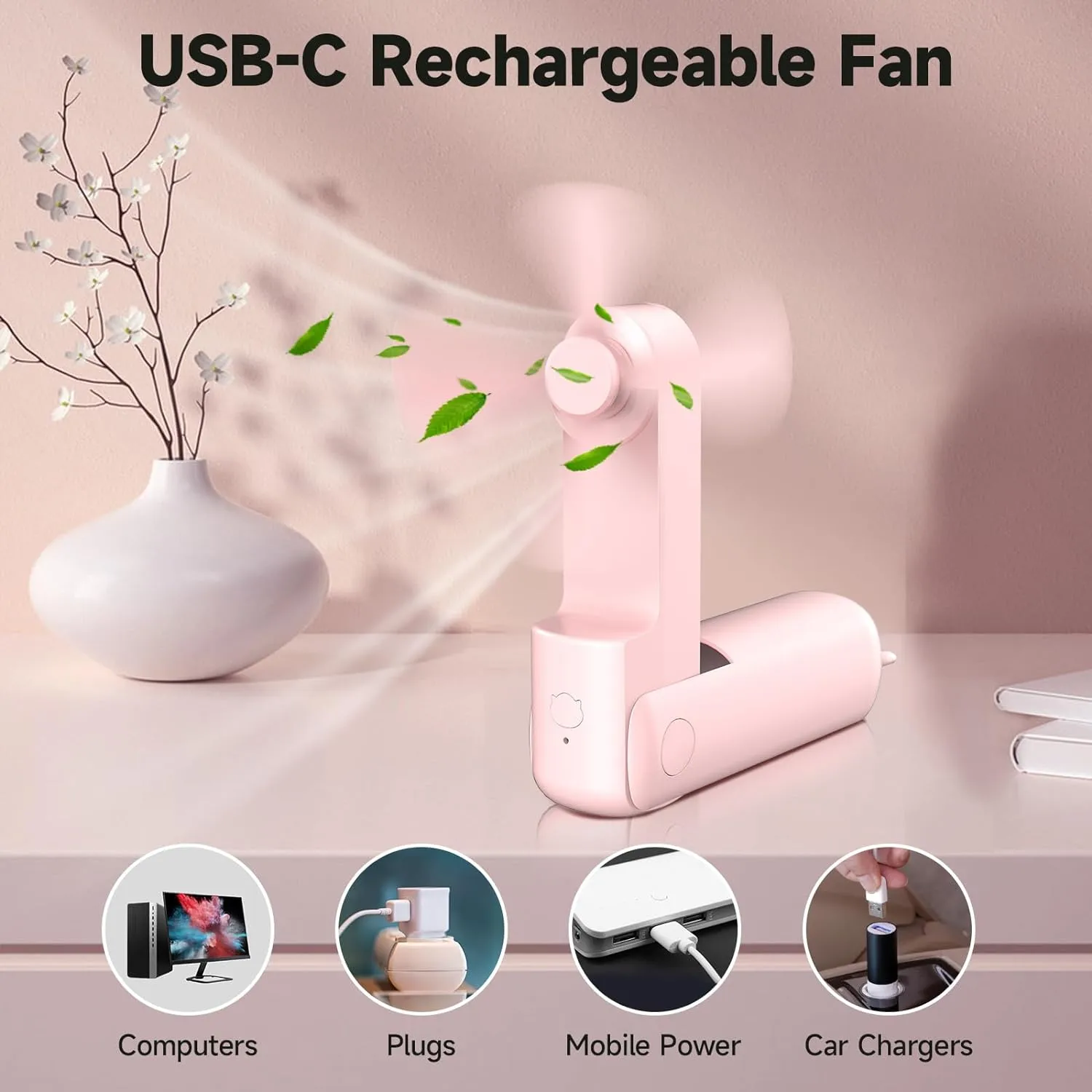 Portable Foldable Fan with Power Bank-Pink