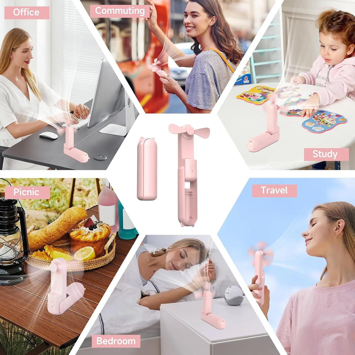 Portable Foldable Fan with Power Bank-Pink