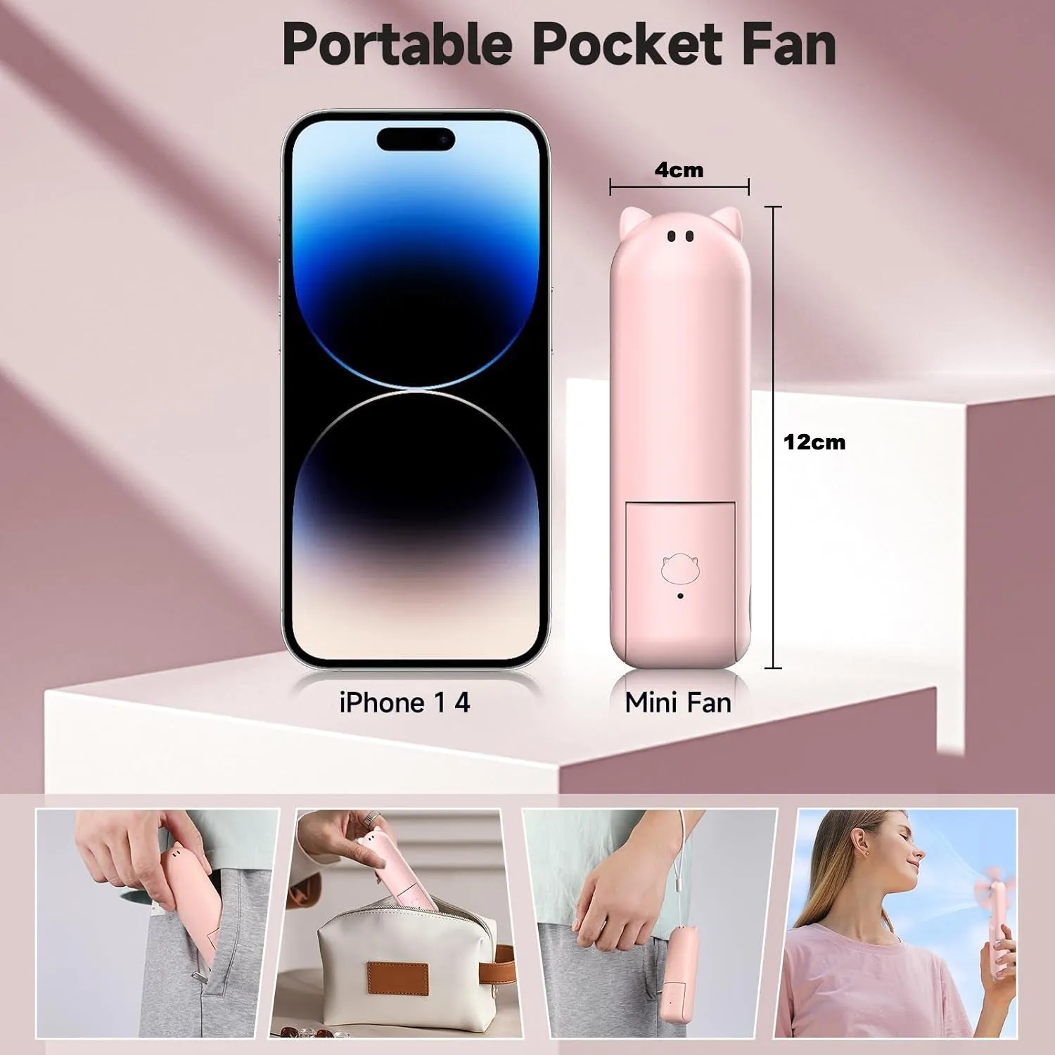 Portable Foldable Fan with Power Bank-Pink