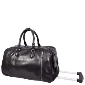 Premium Leather Wheeled Holdall Cabin Size Weekend Travel Duffle Bag AL50 Black