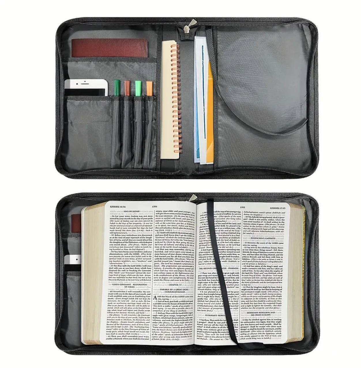 Printed Cross PU Leather Organizer and Bible Cover, Large Size (11.2” x 8”)Bible Case With Handle, Zippered Bible Case With Pen Storage, Portable Church Bag, Handbag With Handle Zippered Pockets