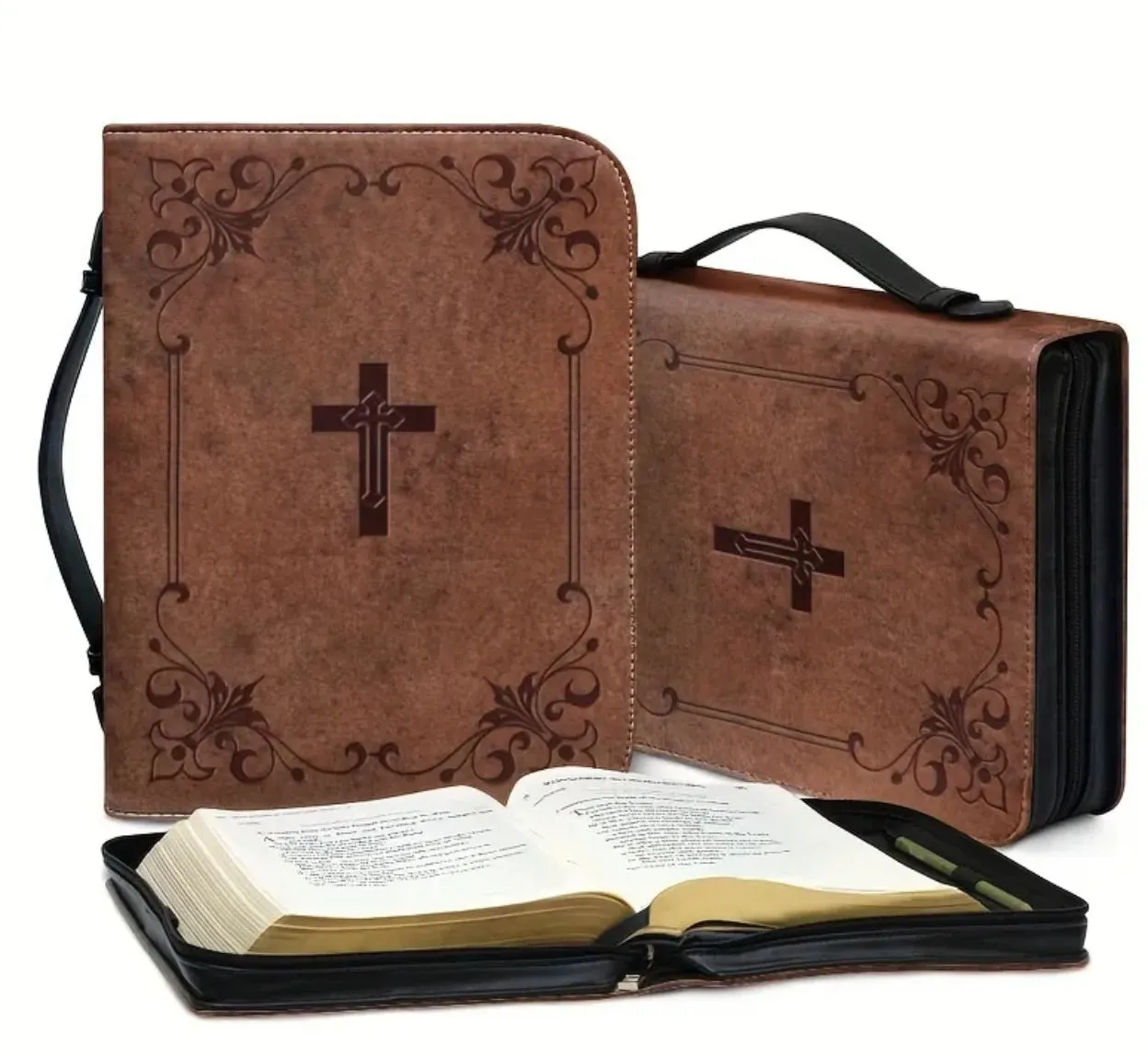 Printed Cross PU Leather Organizer and Bible Cover, Large Size (11.2” x 8”)Bible Case With Handle, Zippered Bible Case With Pen Storage, Portable Church Bag, Handbag With Handle Zippered Pockets