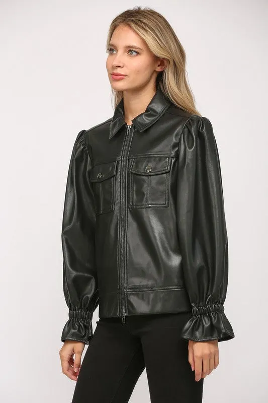 Puff Sleeve Faux Leather Jacket