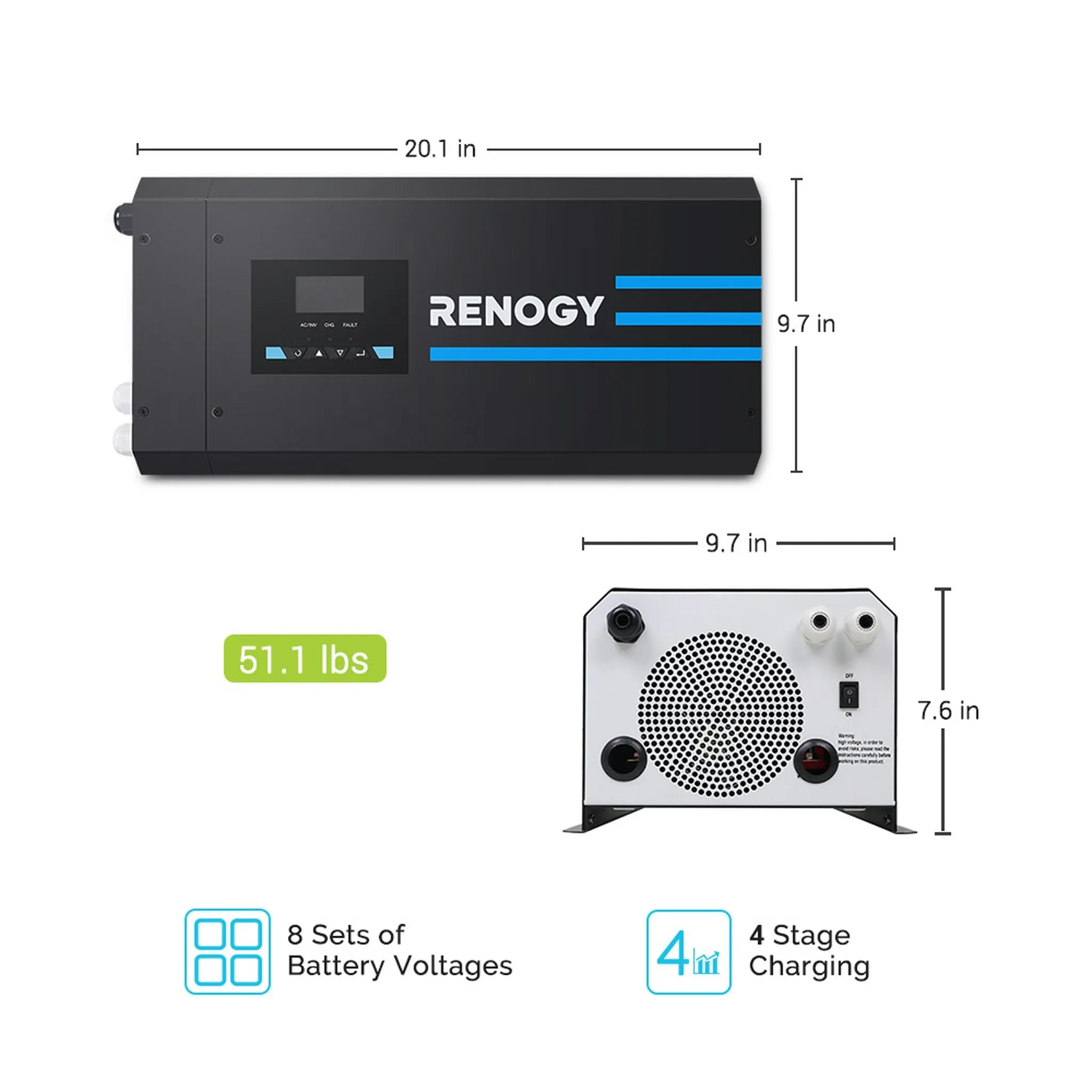 Renogy R-INVT-PCL1-20111S-US 2000W 12V Pure Sine Wave Inverter Charger w/ LCD Display New