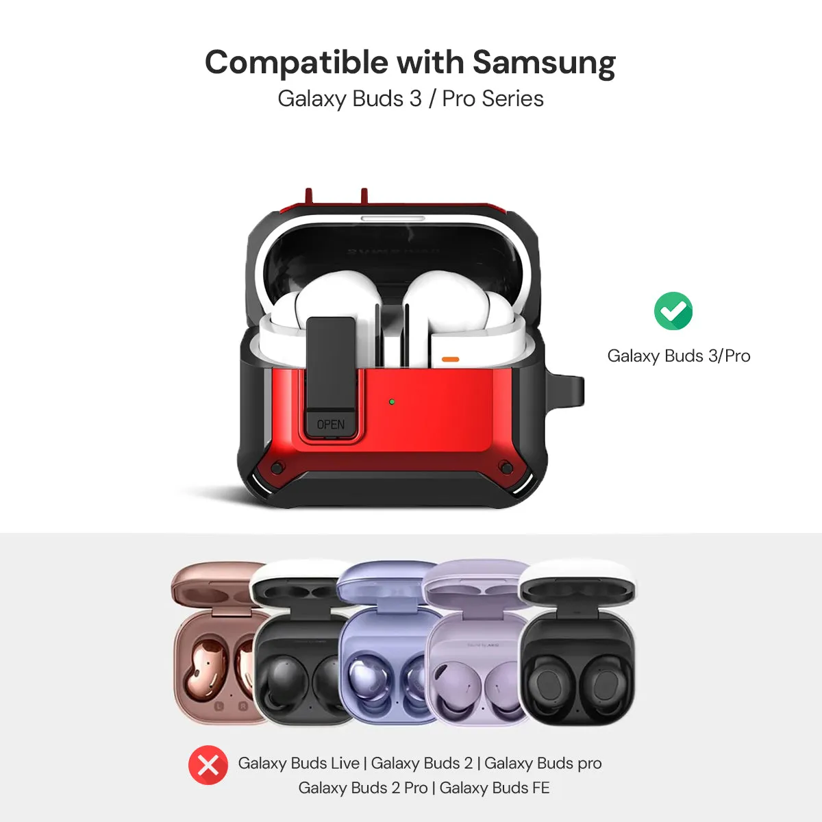 Samsung Galaxy Buds3 Case & Galaxy Buds 3 Pro Case Cover (2024) |Rugged Armor Shockproof Case with Secure Lock Clip -red