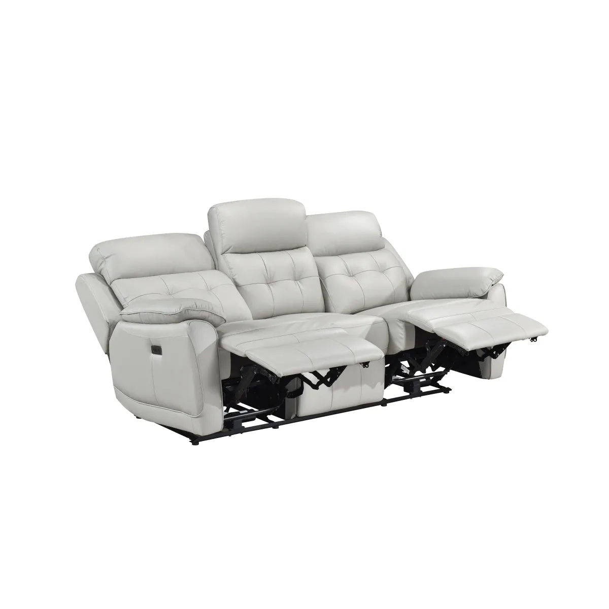 Silver Power Reclining Leather Sofa with USB Ports