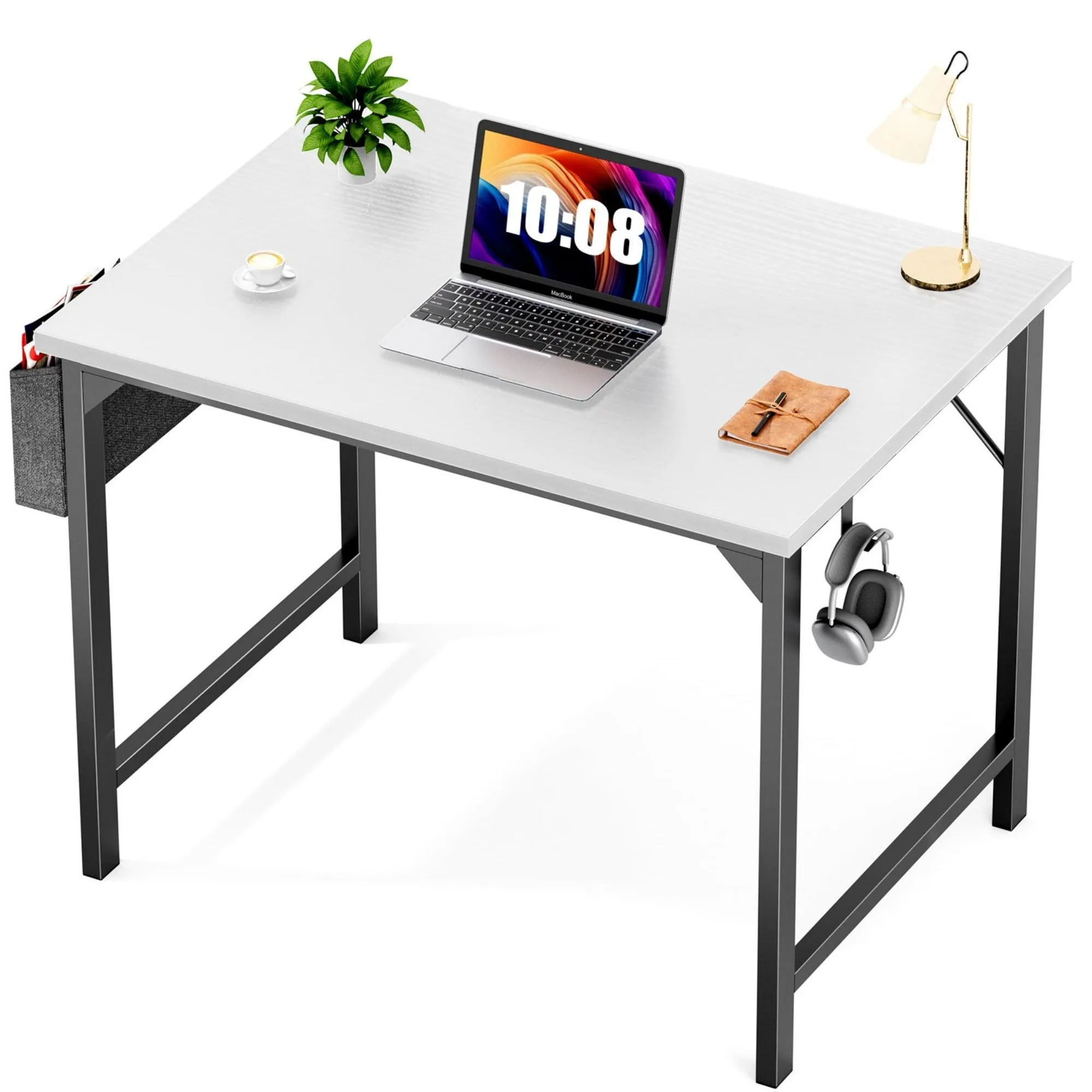 Small Computer Desk Small Office Desk 31 Inch Writing Desk Home Office Desks Small Space Desk Study Table Modern Simple Style Work Table with Storage Bag Iron Hook Metal Frame for Home, Bedroom