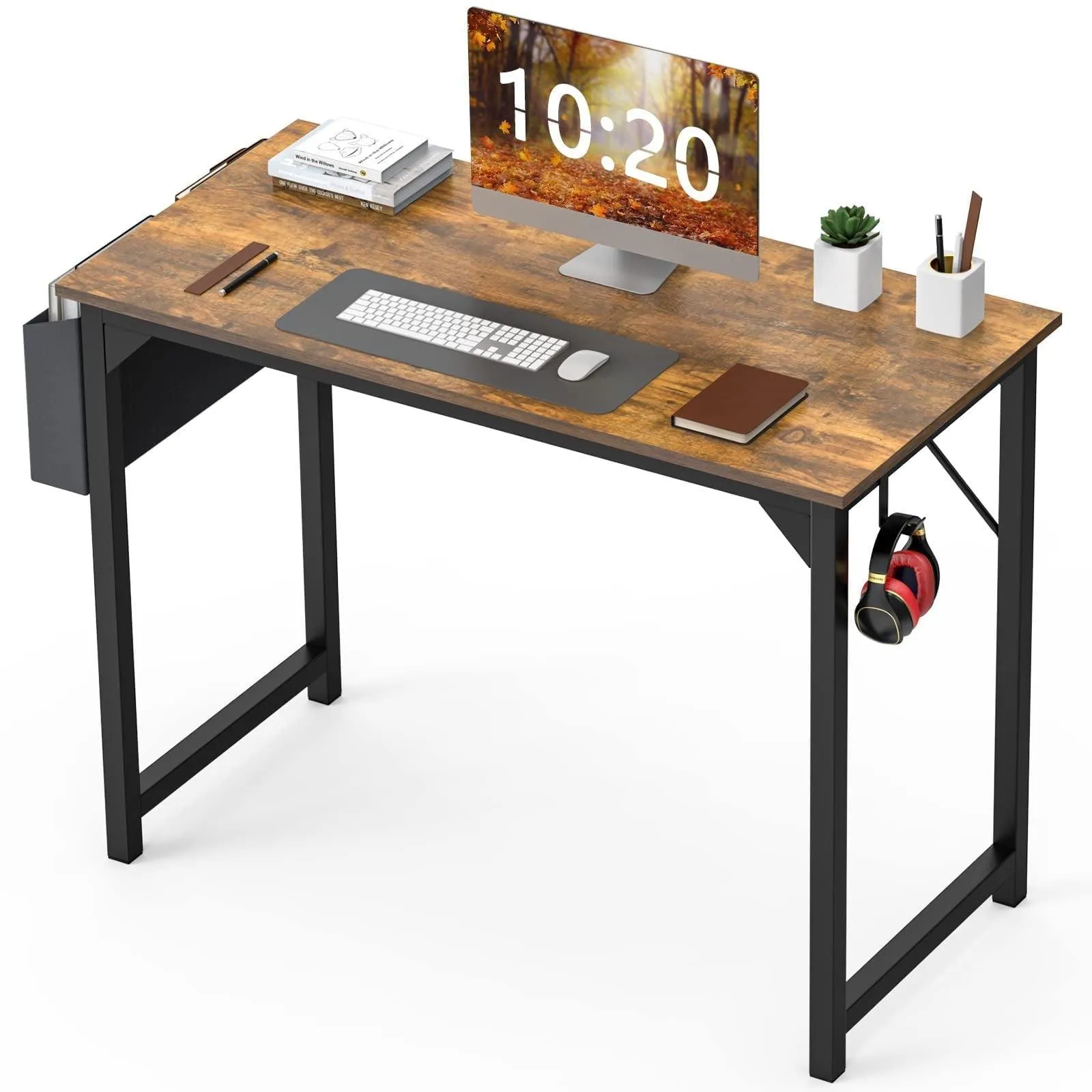 Small Computer Desk Small Office Desk 31 Inch Writing Desk Home Office Desks Small Space Desk Study Table Modern Simple Style Work Table with Storage Bag Iron Hook Metal Frame for Home, Bedroom