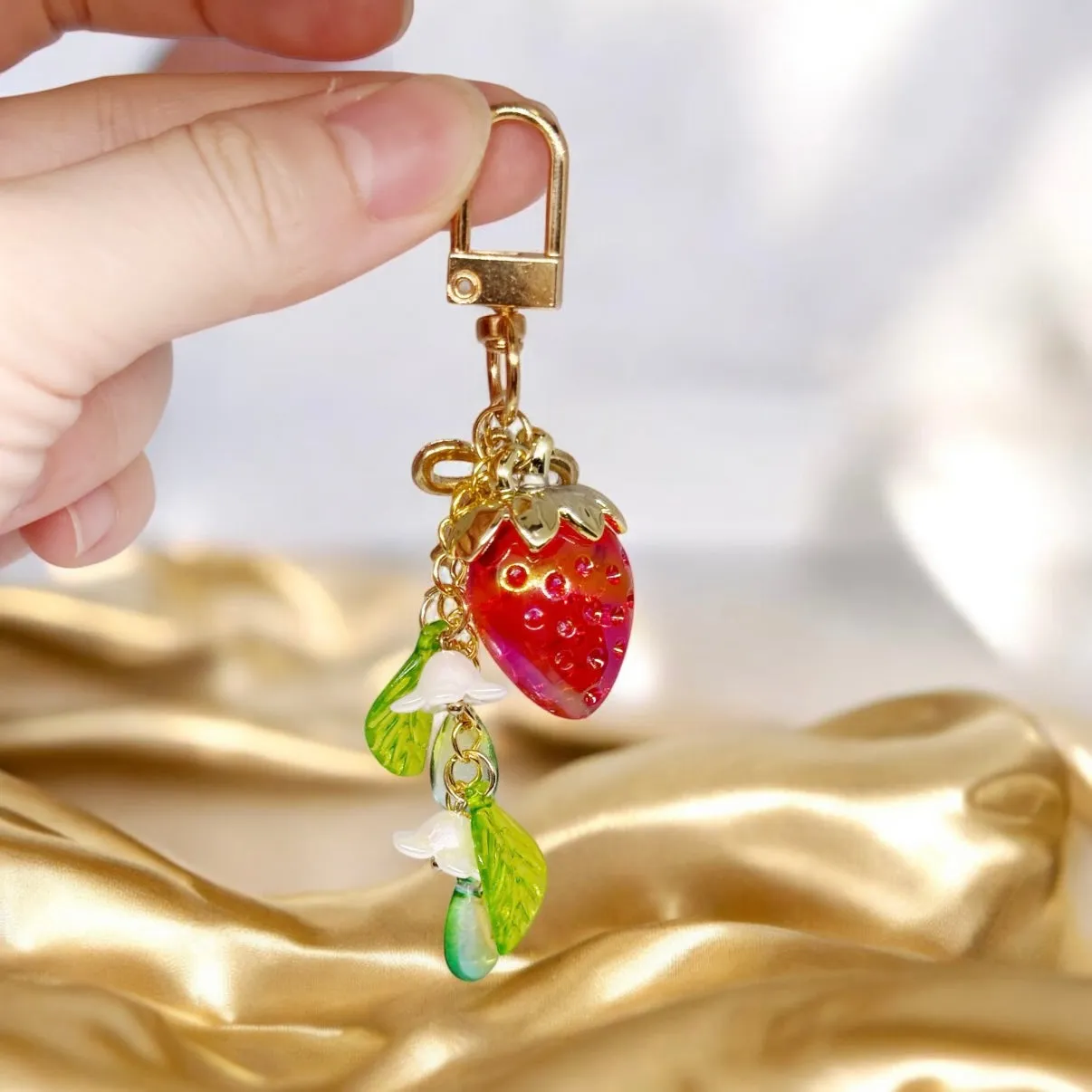 Strawberry bag charm | key chain | golden chain with flowers and leaf