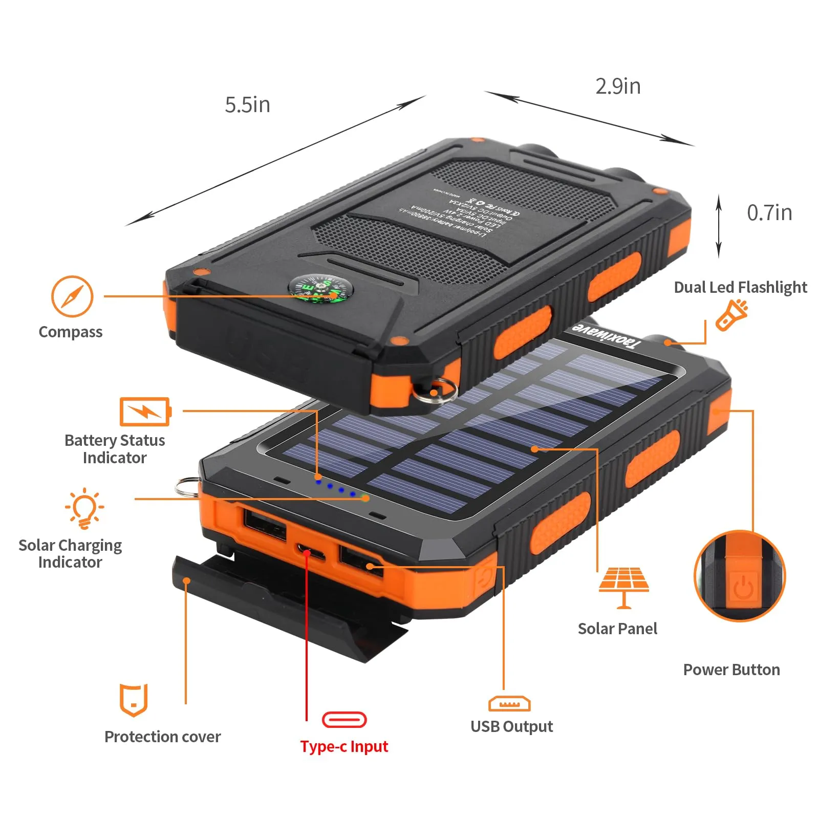 Taoxiwave Solar Power Bank, 38800mAh Portable Charger Fast Charging Waterproof Portable External Backup Battery Pack Charger,Camping Battery Bank with Dual USB/Flashlight and Compass (Orange)