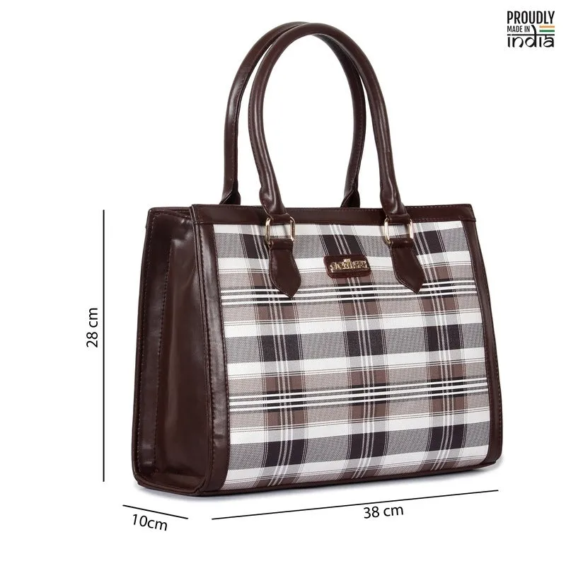 THE CLOWNFISH Alvis Handbag for Women Office Bag Ladies Shoulder Bag Tote For Women College Girls-Checks Design (Dark Brown)