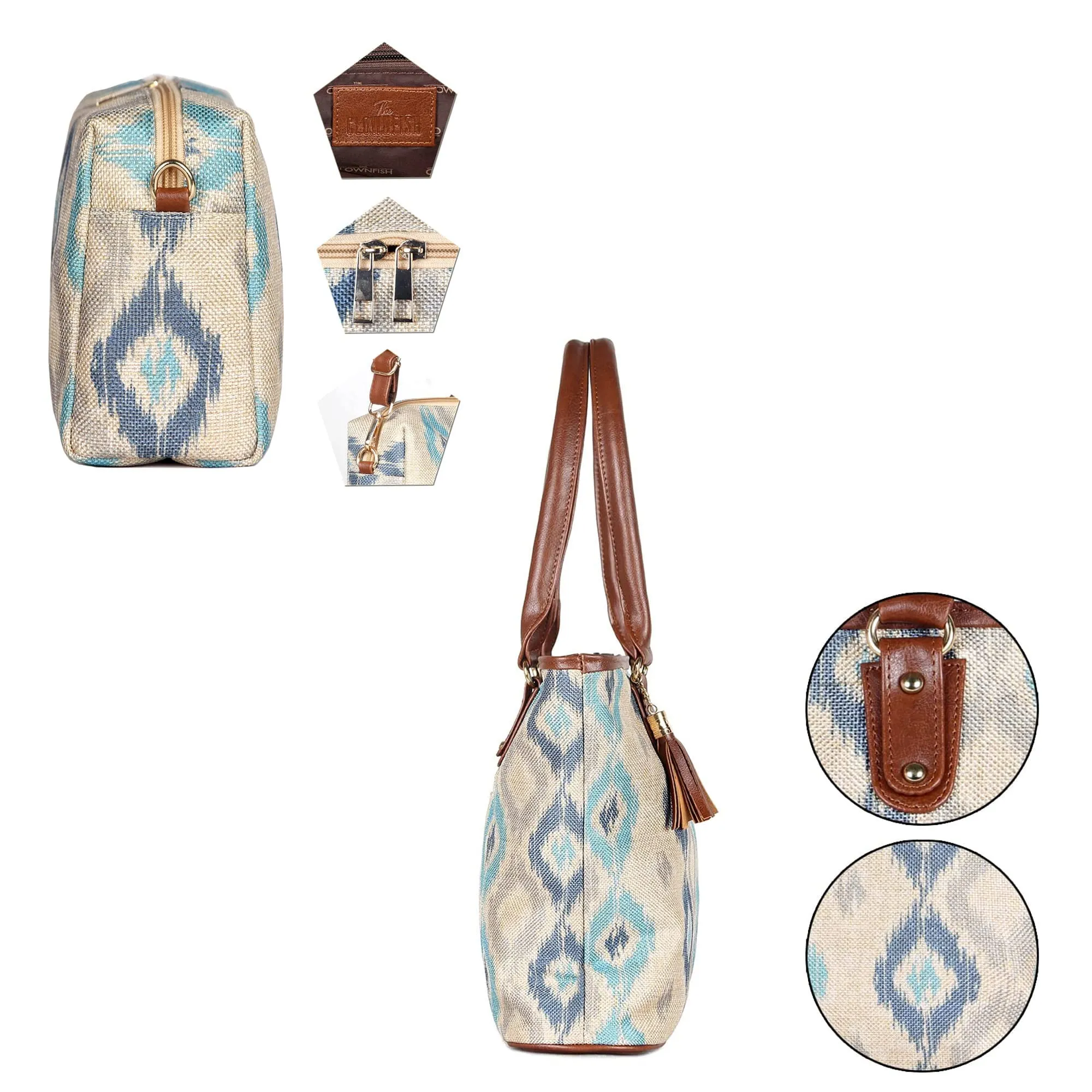 The Clownfish Combo of Percy Printed Handicraft Fabric Handbag for Women & The Clownfish Isla Printed Handicraft Fabric Crossbody Sling Bag for Women (Pearl with Patola Design)