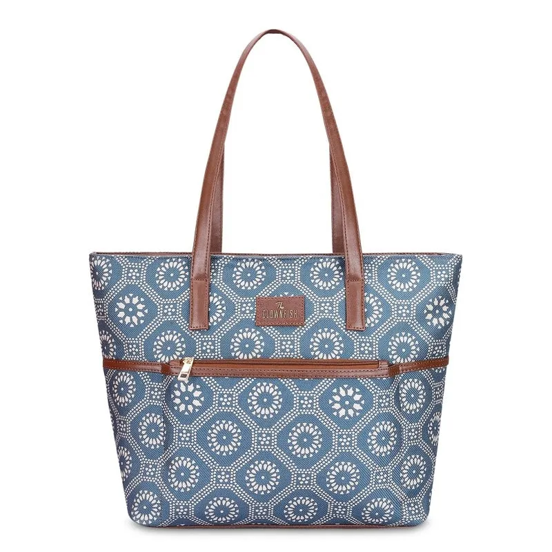 THE CLOWNFISH Concetta Printed Handicraft Fabric & Faux Leather Handbag for Women Office Bag Ladies Shoulder Bag Tote For Women College Girls (Cerulean Blue)