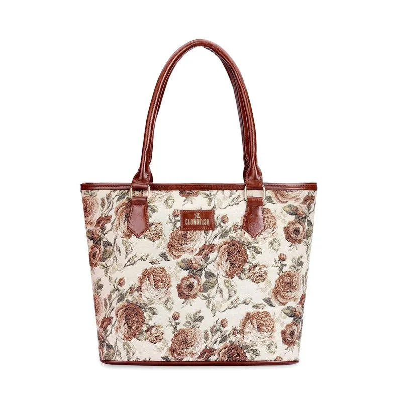 THE CLOWNFISH Justina Tapestry Fabric & Faux Leather Handbag for Women Office Bag Ladies Shoulder Bag Tote For Women College Girls (Brown-Floral)